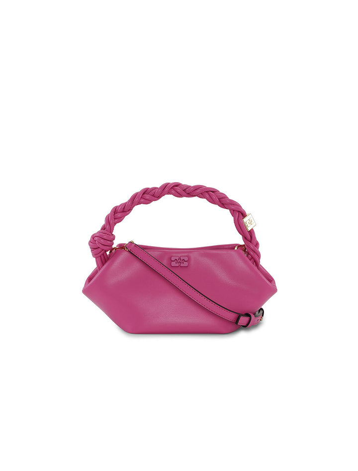 Front view of GANNI's mini bou bag in shocking pink.