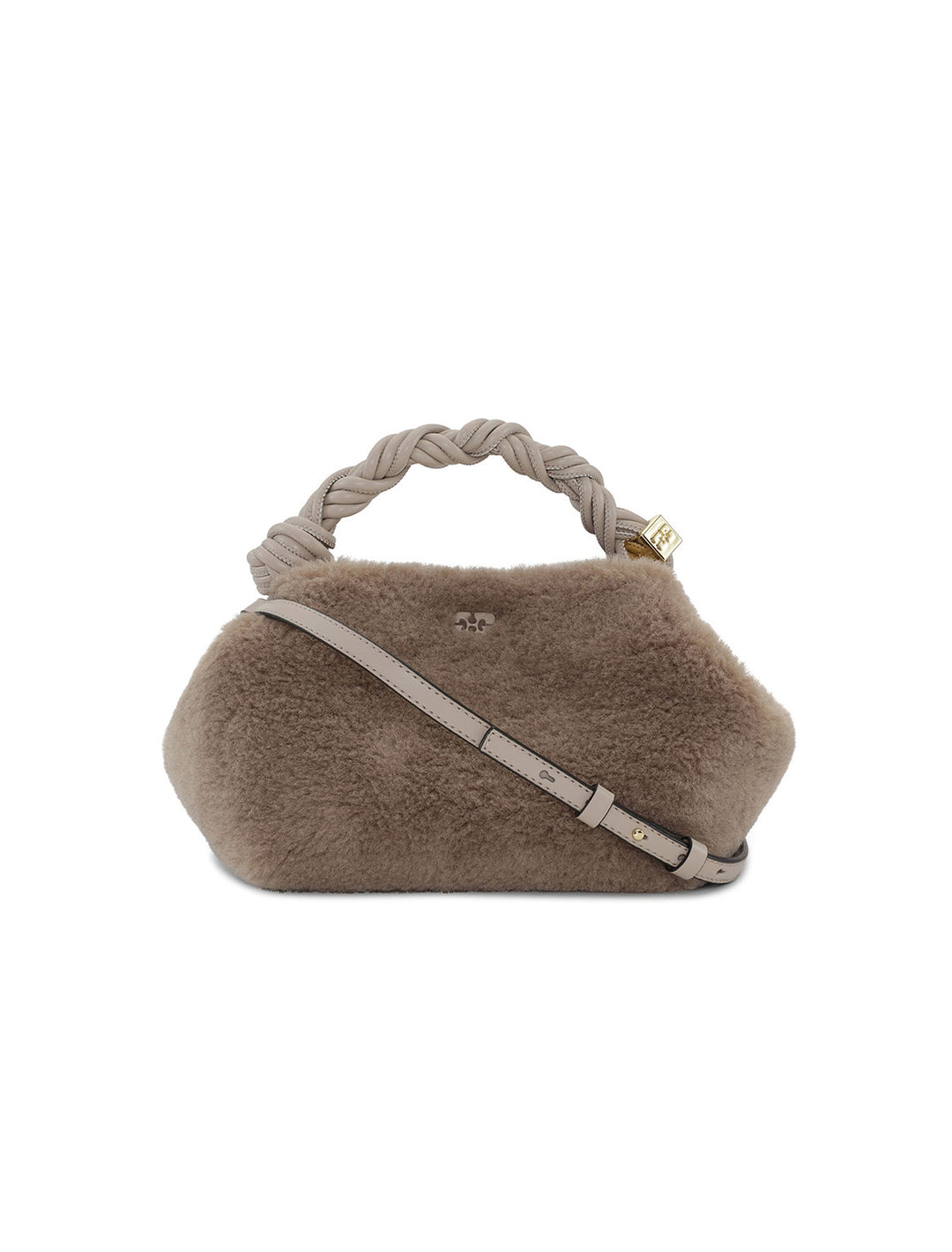Front view of GANNI's small bou bag in oyster gray fur.