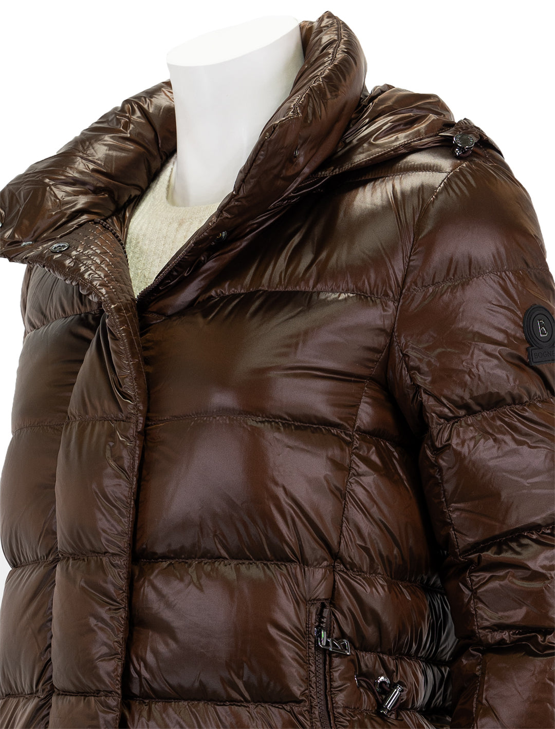 Close-up view of Bogner's lynn in chocolate.