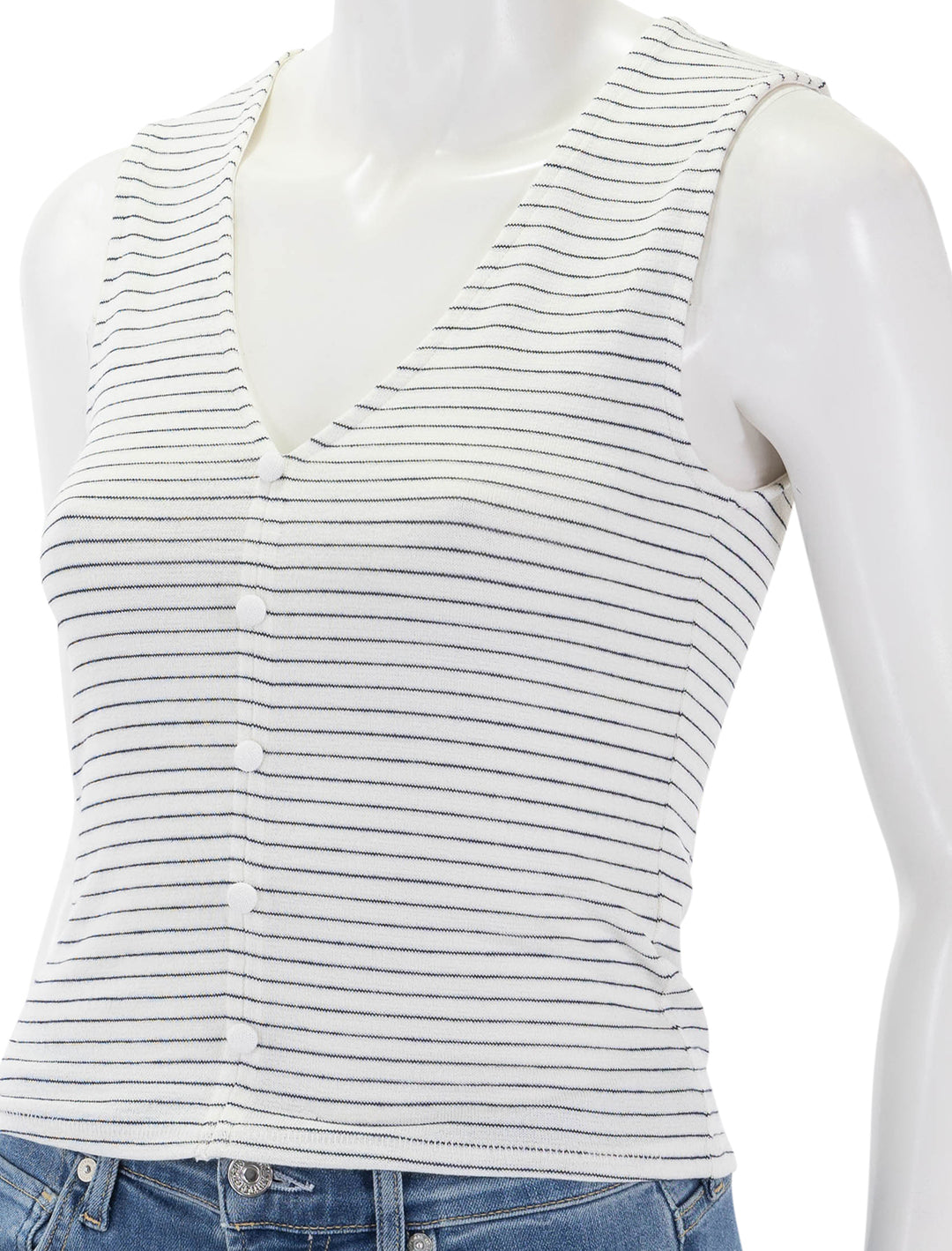 Close-up view of Rag & Bone's the knit stripe button up tank in ivorymulti.