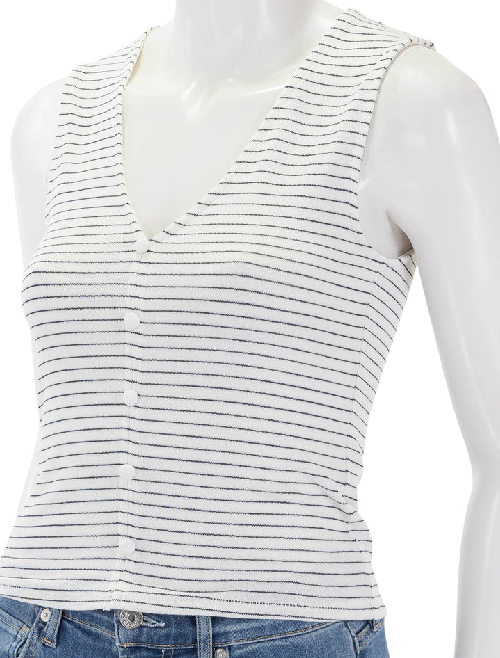 Close-up view of Rag & Bone's the knit stripe button up tank in ivorymulti.