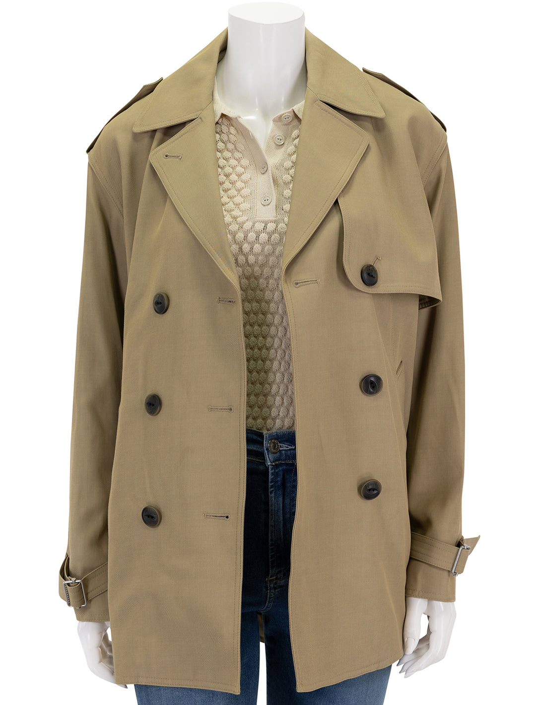 Front view of Rag & Bone's beverly cropped trench, unbuttoned.