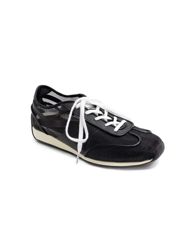 Front view of Rag & Bone's retro runner slim in black mesh.