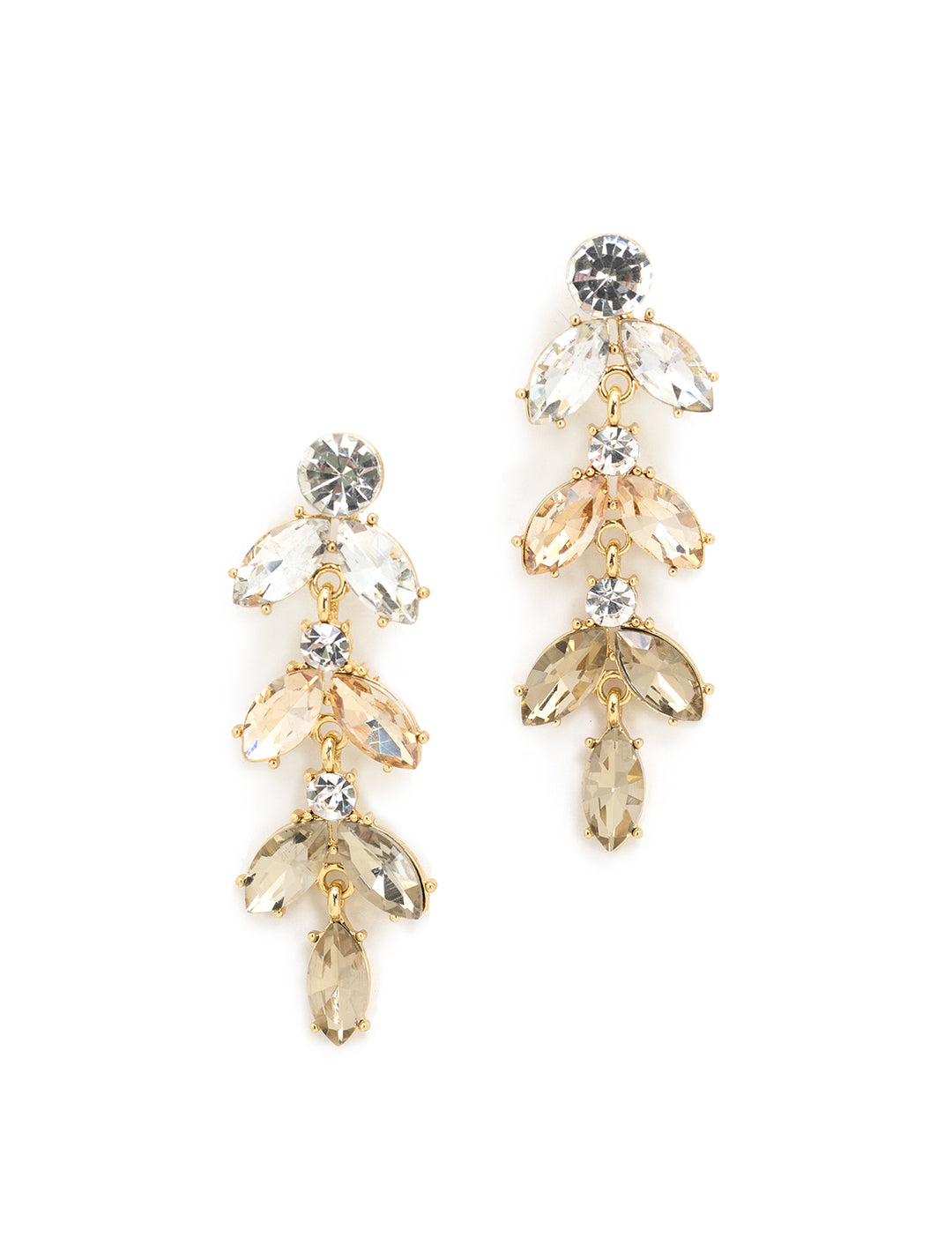 Front view of AV Max's ombre champagne petal statement earrings.