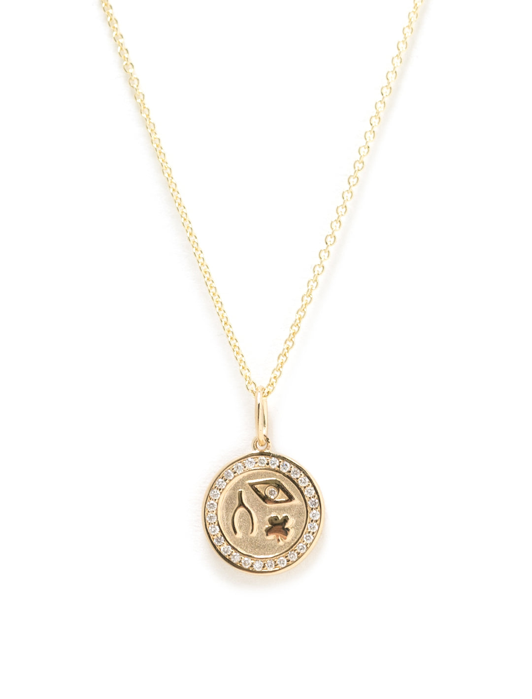 Front view of Sydney Evan's Luck and Protection Pave Border Medallion Necklace.