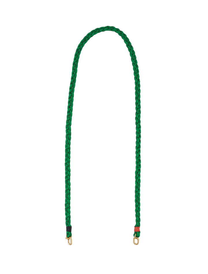 Overhead view of Clare V.'s braided sailcord crossbody strap in green.