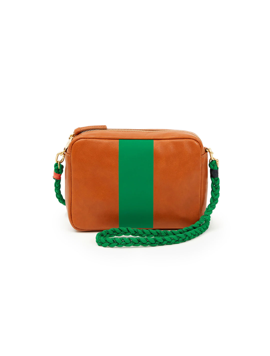 Clare V.'s braided sailcord crossbody strap in green attached to a bag.