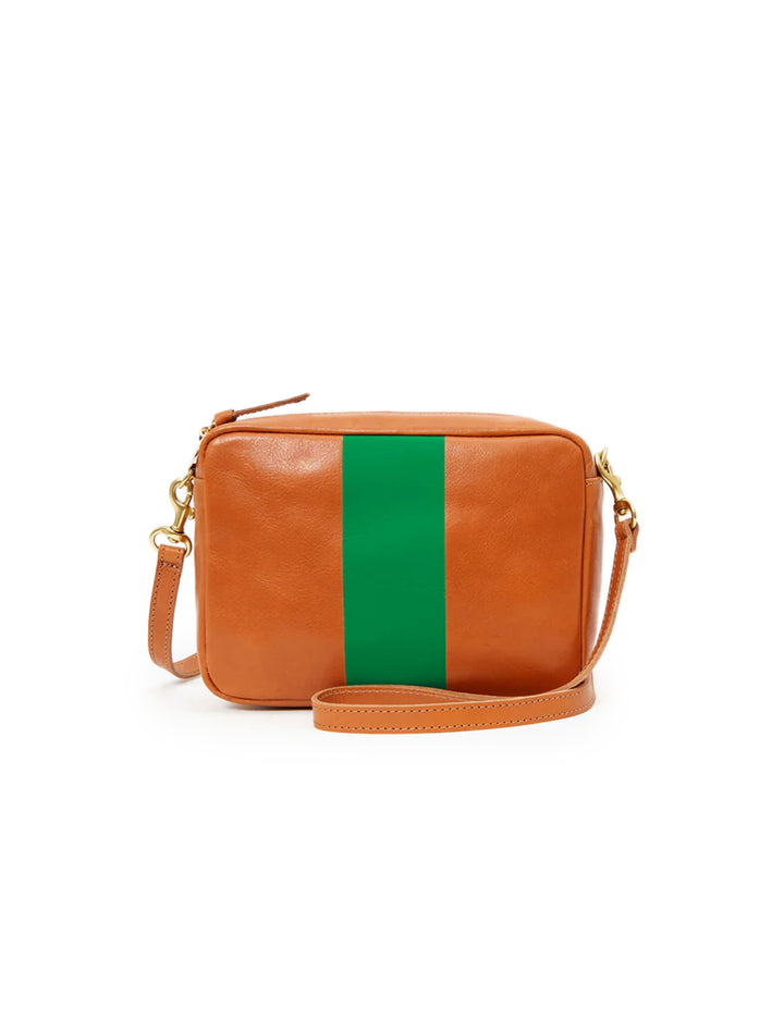 Front view of Clare V.'s midi sac in tan with green stripe.