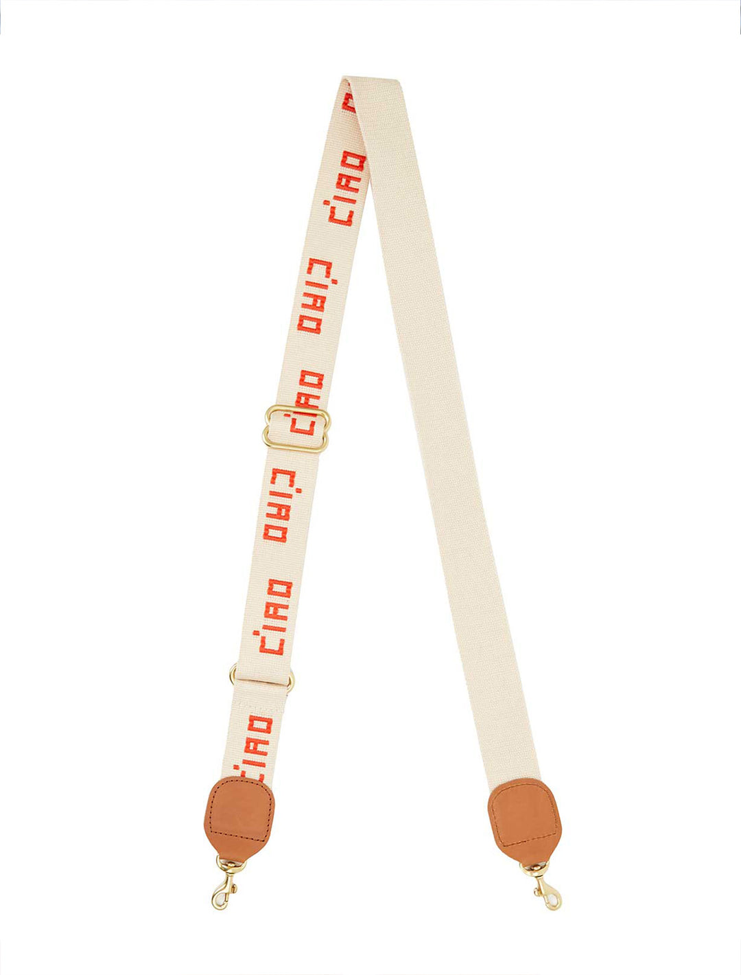 Front view of Clare V.'s adjustable crossbody strap in natural and poppy ciao.