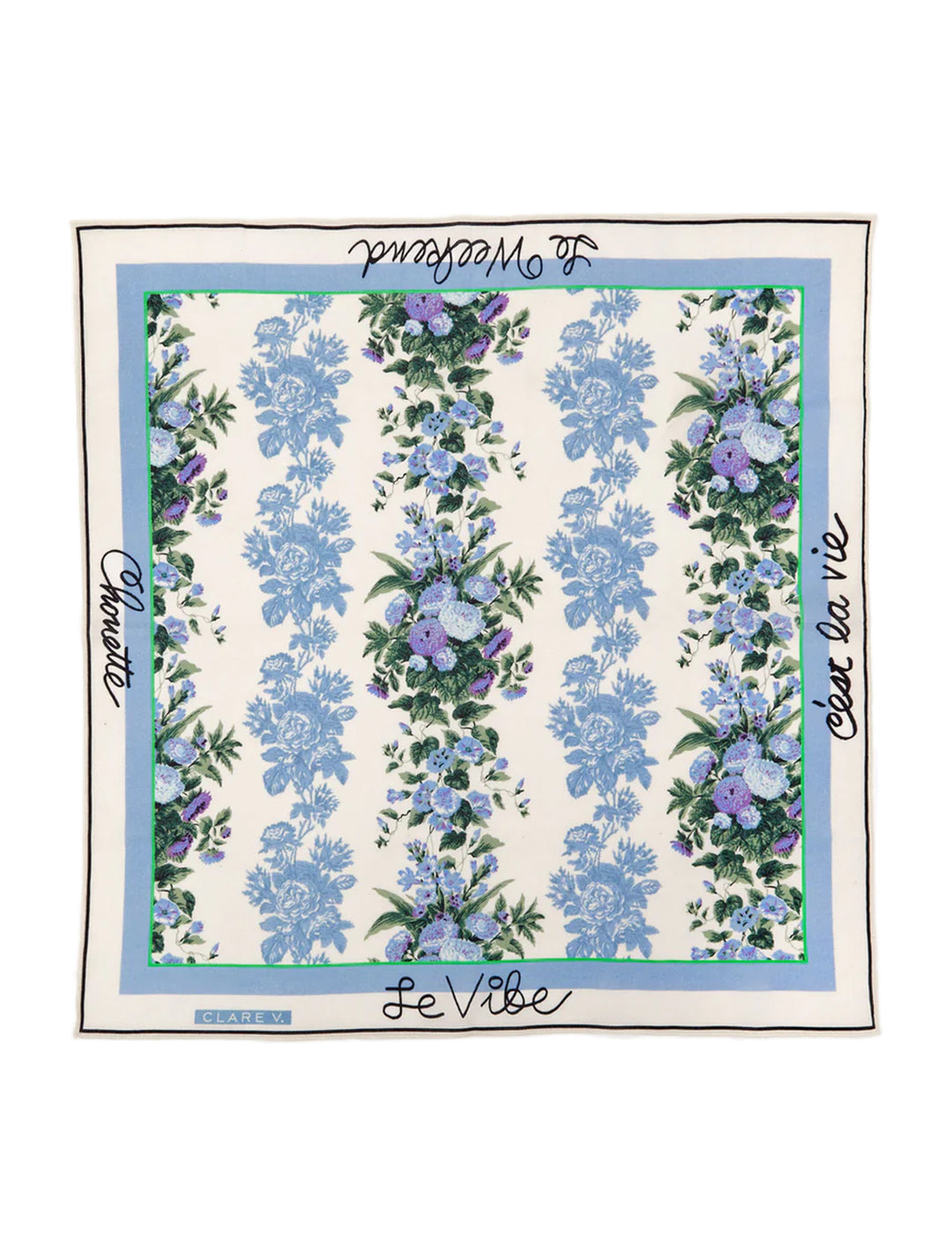 Overhead view of Clare V.'s bandana in blue floral stripe.