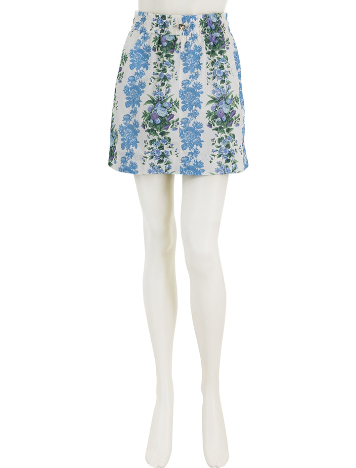 Front view of Clare V.'s theo skirt in blue floral stripe.