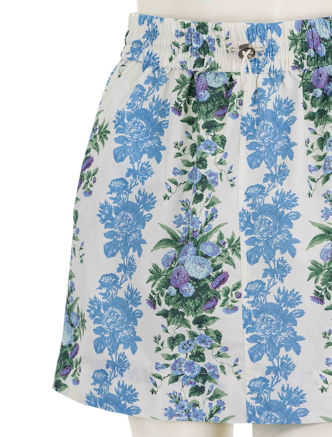 Close-up view of Clare V.'s theo skirt in blue floral stripe.