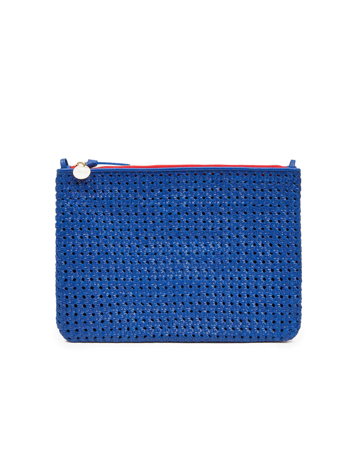 Front view of Clare V.'s flat clutch with tabs in cobalt rattan.