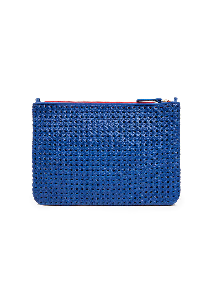 Back view of Clare V.'s flat clutch with tabs in cobalt rattan.