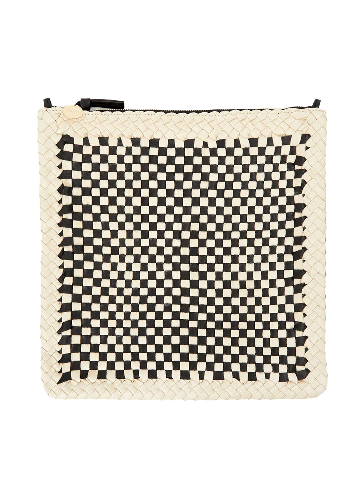 foldover clutch with tabs in black and cream border woven, unfolded.