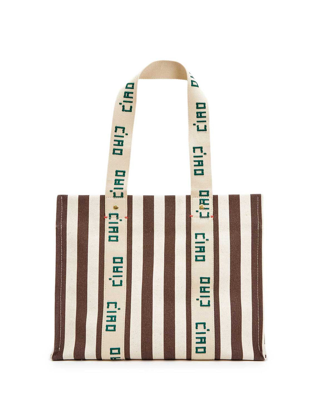 Front view of Clare V.'s noemie in natural and mocha striped canvas.