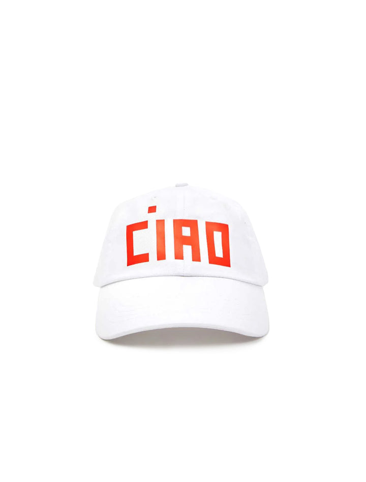 Front view of Clare V.'s baseball hat in white with poppy block ciao.