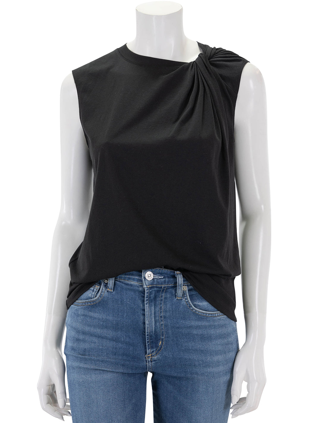 Front view of Theory's shoulder twisted tank in black.