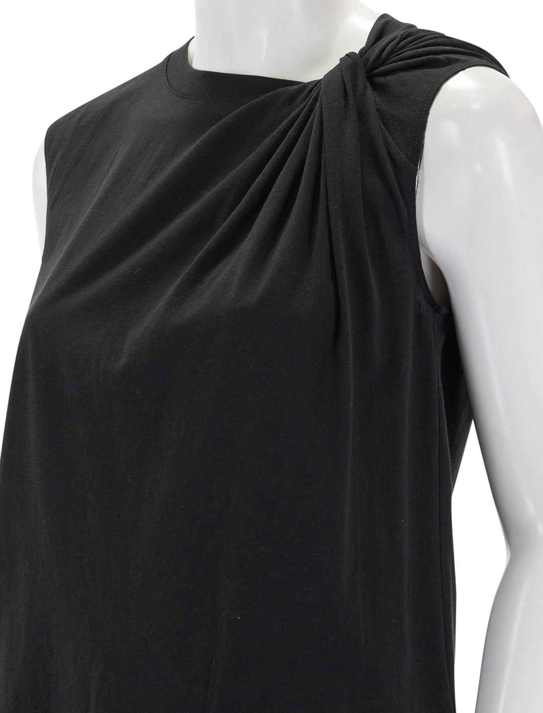 Close-up view of Theory's shoulder twisted tank in black.