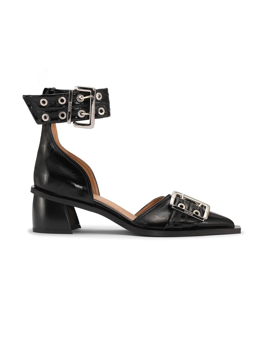 Side view of GANNI's chunky buckle open cut pump naplack.