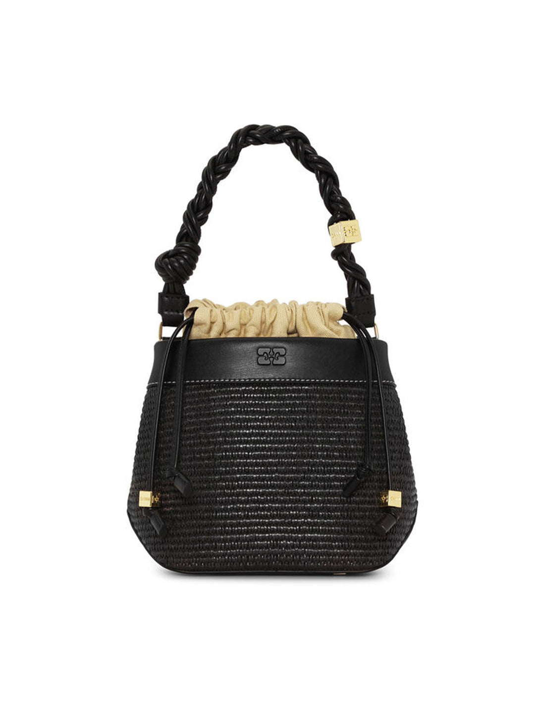 Front view of GANNI's bou bucket bag in black and raffia.