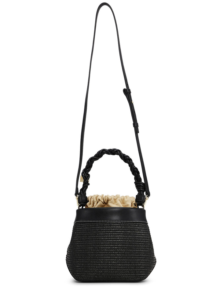 Back view of GANNI's bou bucket bag in black and raffia.