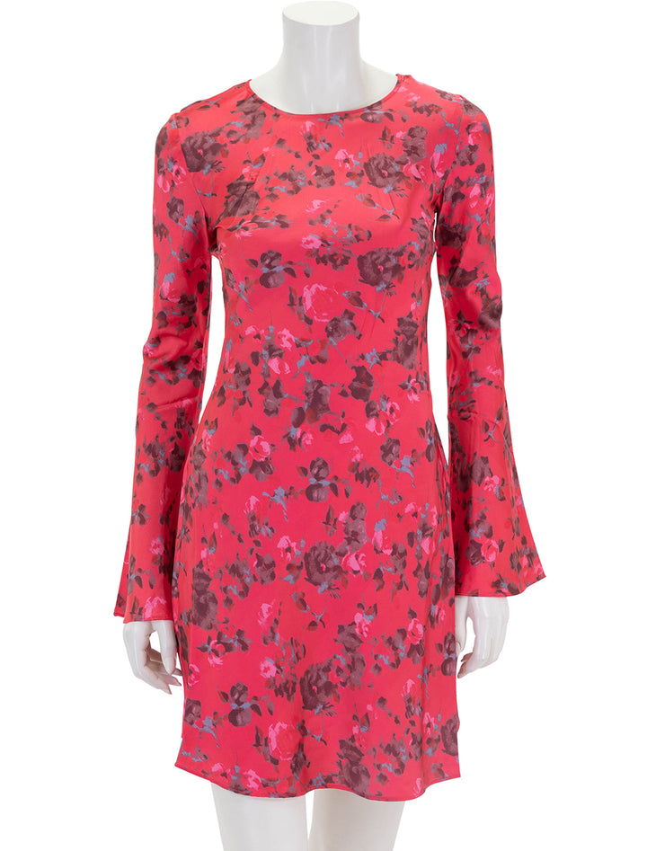 Front view of GANNI's printed satin mini dress in raspberry wine.