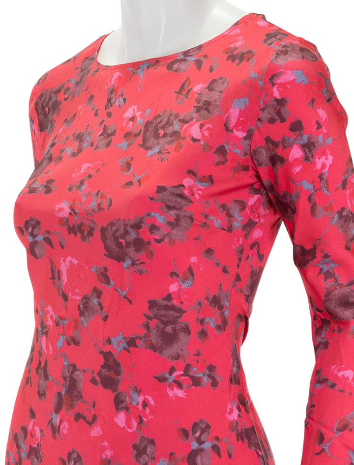 Close-up view of GANNI's printed satin mini dress in raspberry wine.