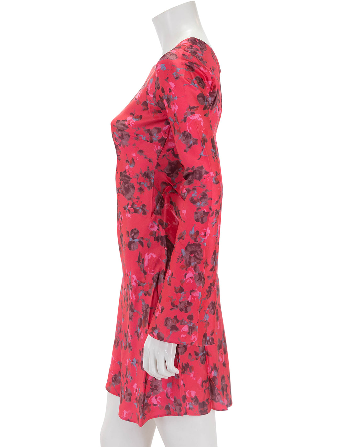 Side view of GANNI's printed satin mini dress in raspberry wine.