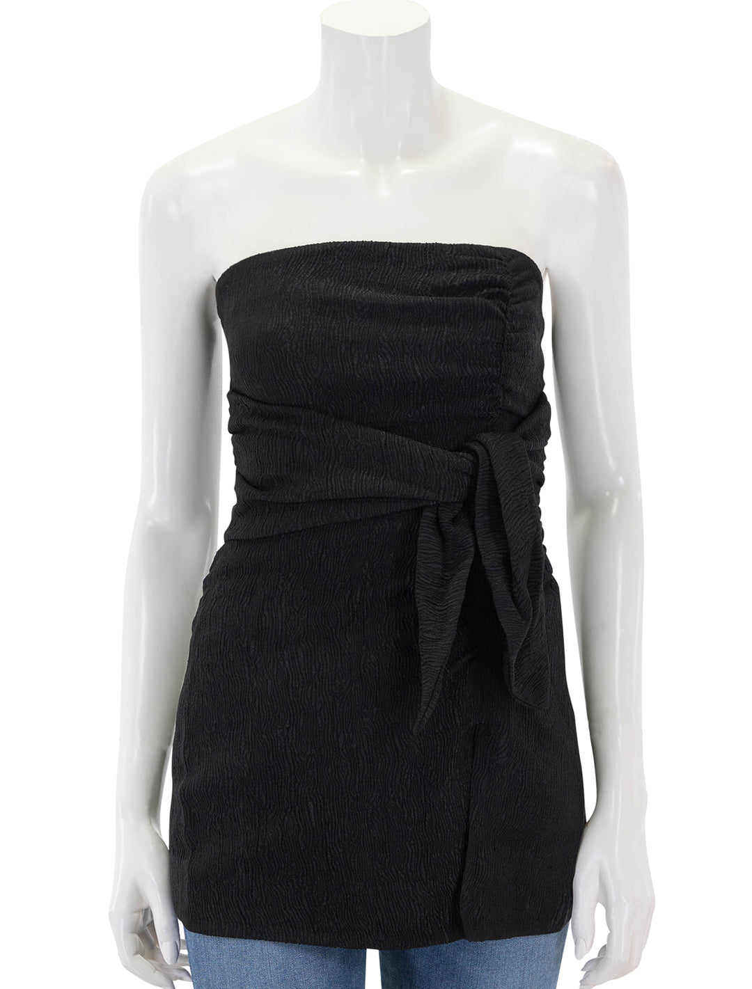 Front view of GANNI's stretch crepe strapless top in black.