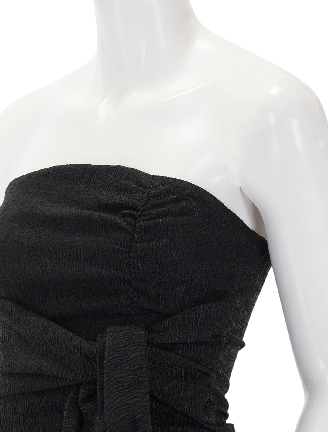 Close-up view of GANNI's stretch crepe strapless top in black.