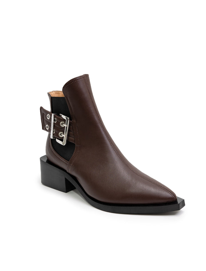 Front angle view of GANNI's feminine buckle chelsea boot in chocolate fondant.