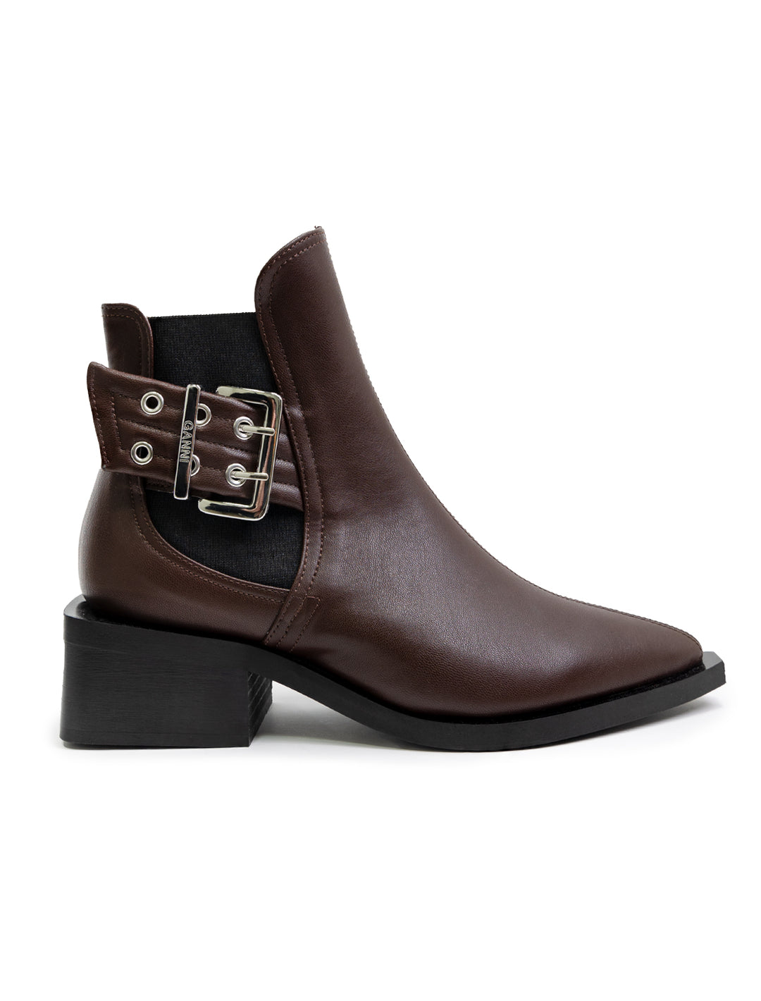 Side view of GANNI's feminine buckle chelsea boot in chocolate fondant.