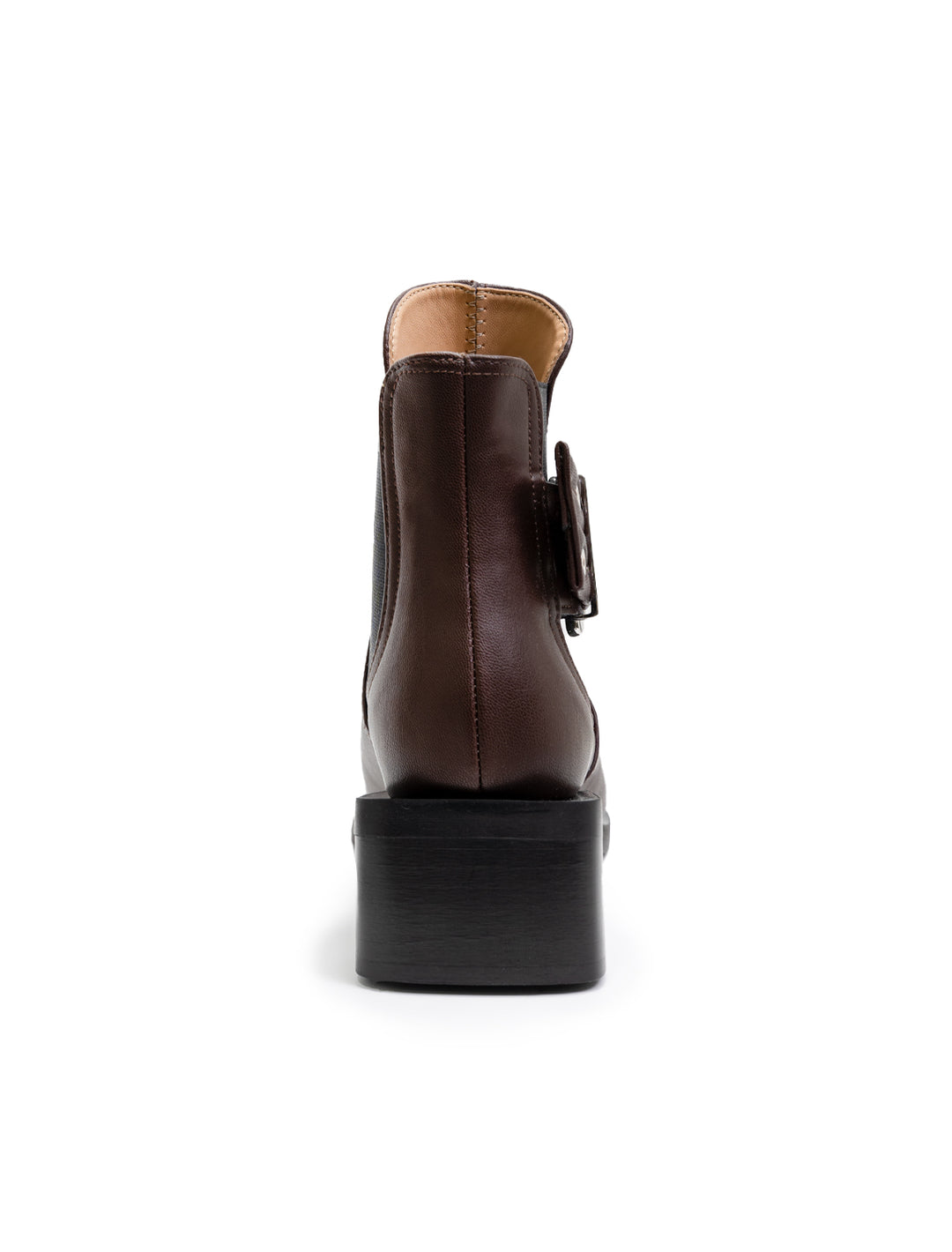 Back view of GANNI's feminine buckle chelsea boot in chocolate fondant.