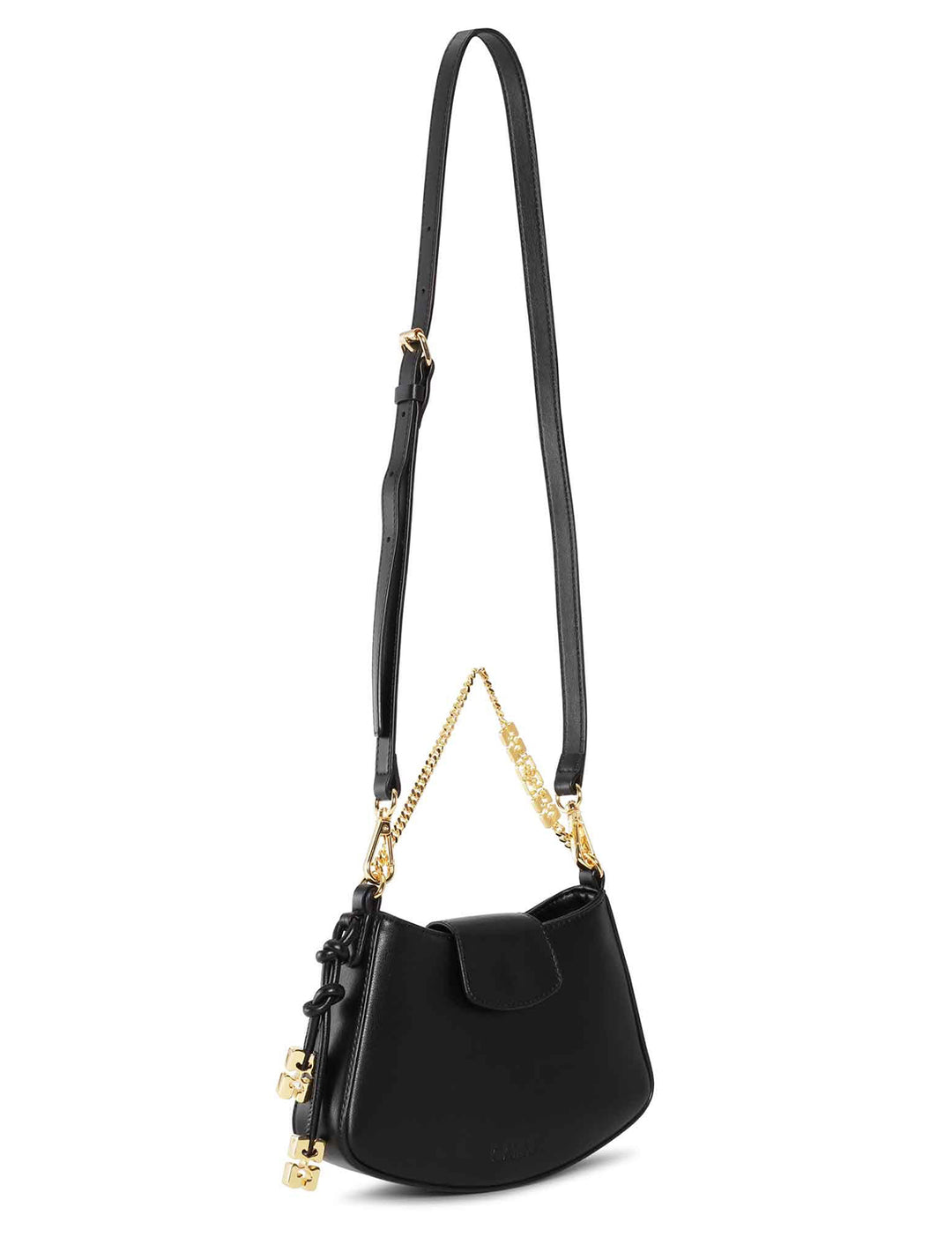 Front angle view of GANNI's ganni mini swing crossbody bag in black with shoulder strap.