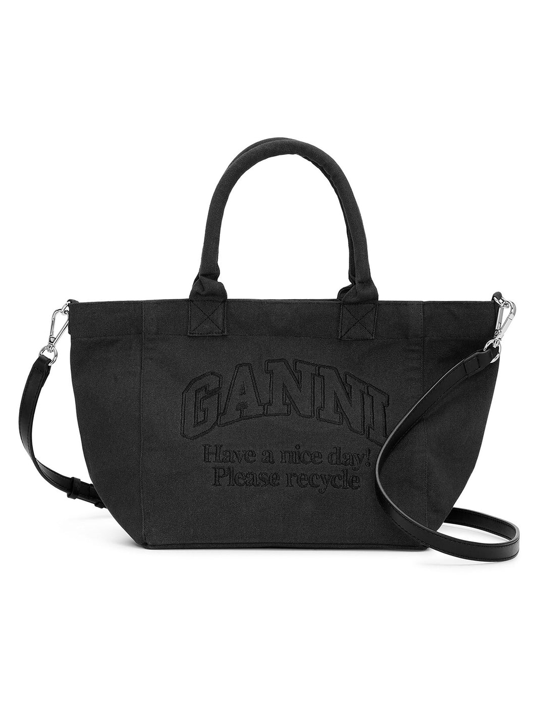 Front view of GANNI's small easy shopper in black.