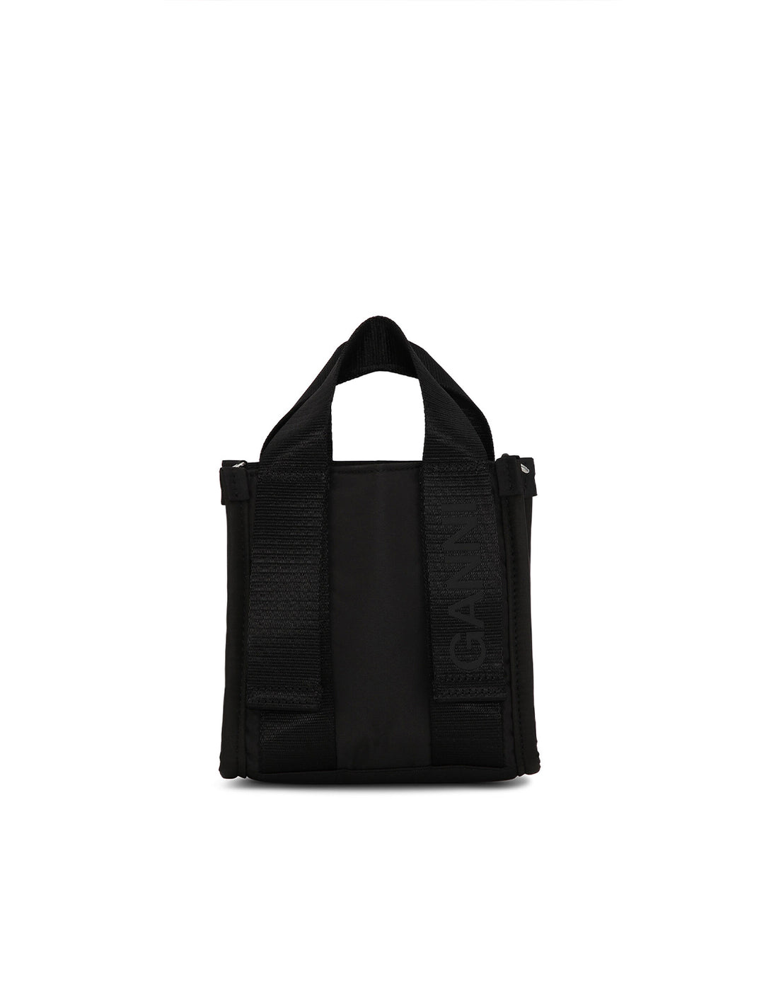 Front view of GANNI's recycled tech mini satchel in black.