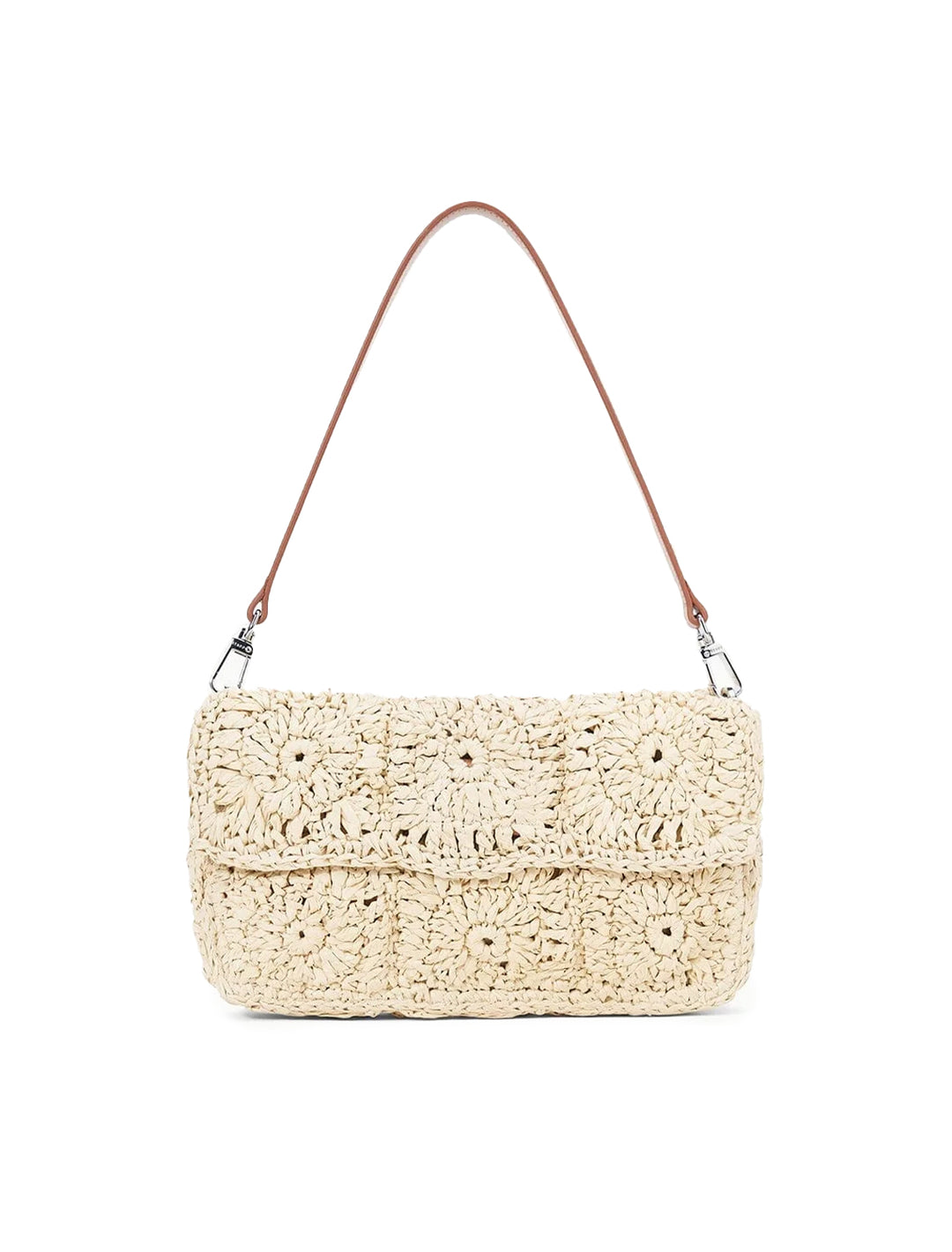 Front view of STAUD's timmy crochet shoulder bag in natural.