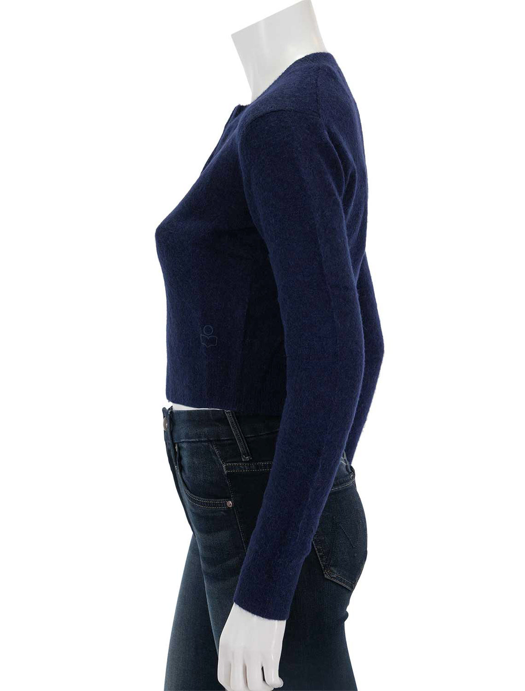 Side view of Isabel Marant Etoile's oaka cardi in midnight.