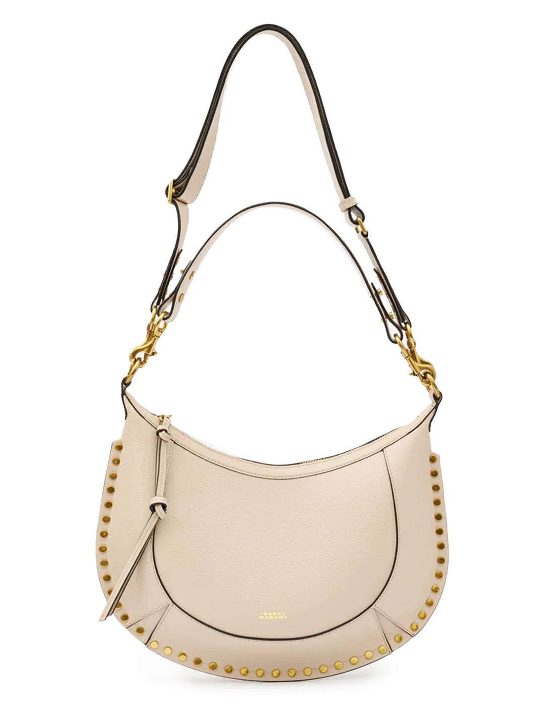 Front view of Isabel marant etoile's naoko shoulder bag in light biege with straps extended.