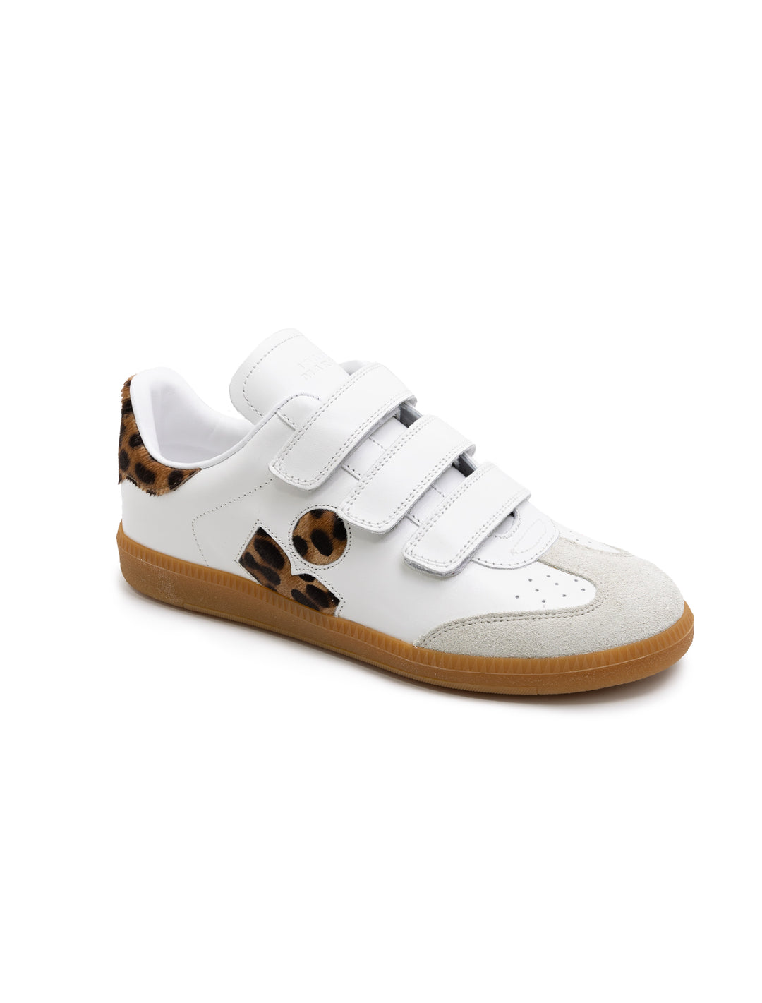 Front angle view of isabel marant etoile's beth sneaker in white and leopard.