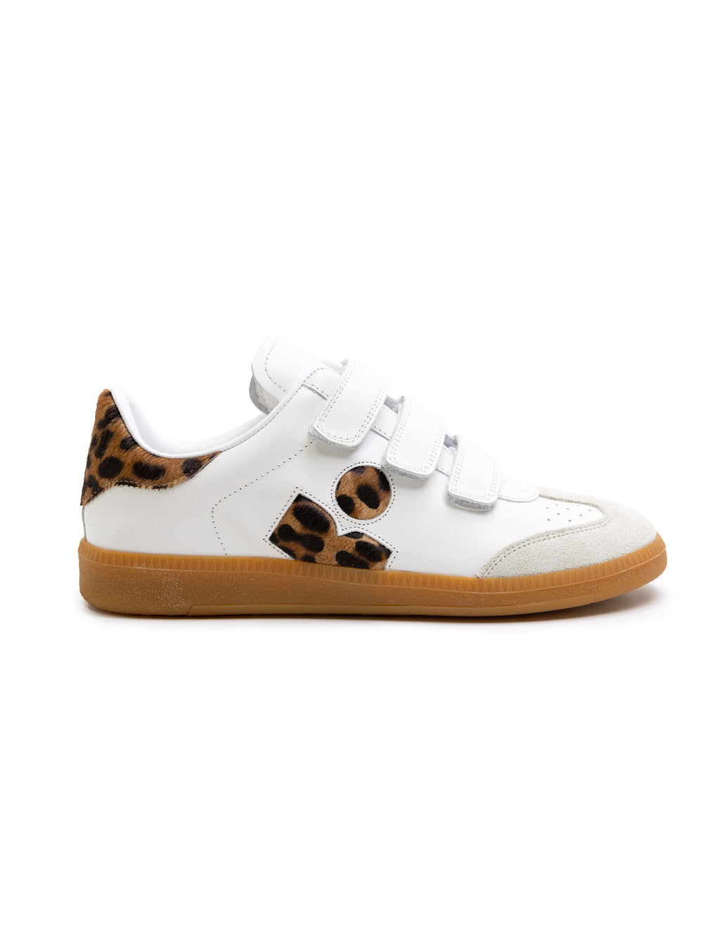 Side view of isabel marant etoile's beth sneaker in white and leopard.