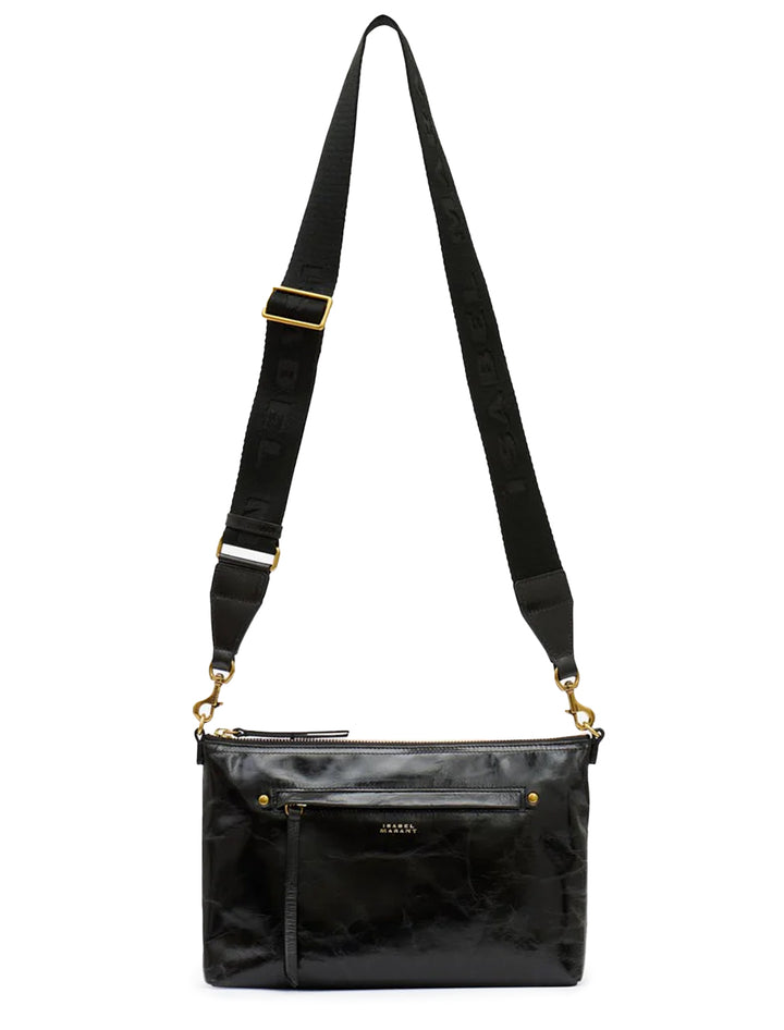 View of Isabel Marant Etoile's nessah crossbody in black with shoulder strap extended.