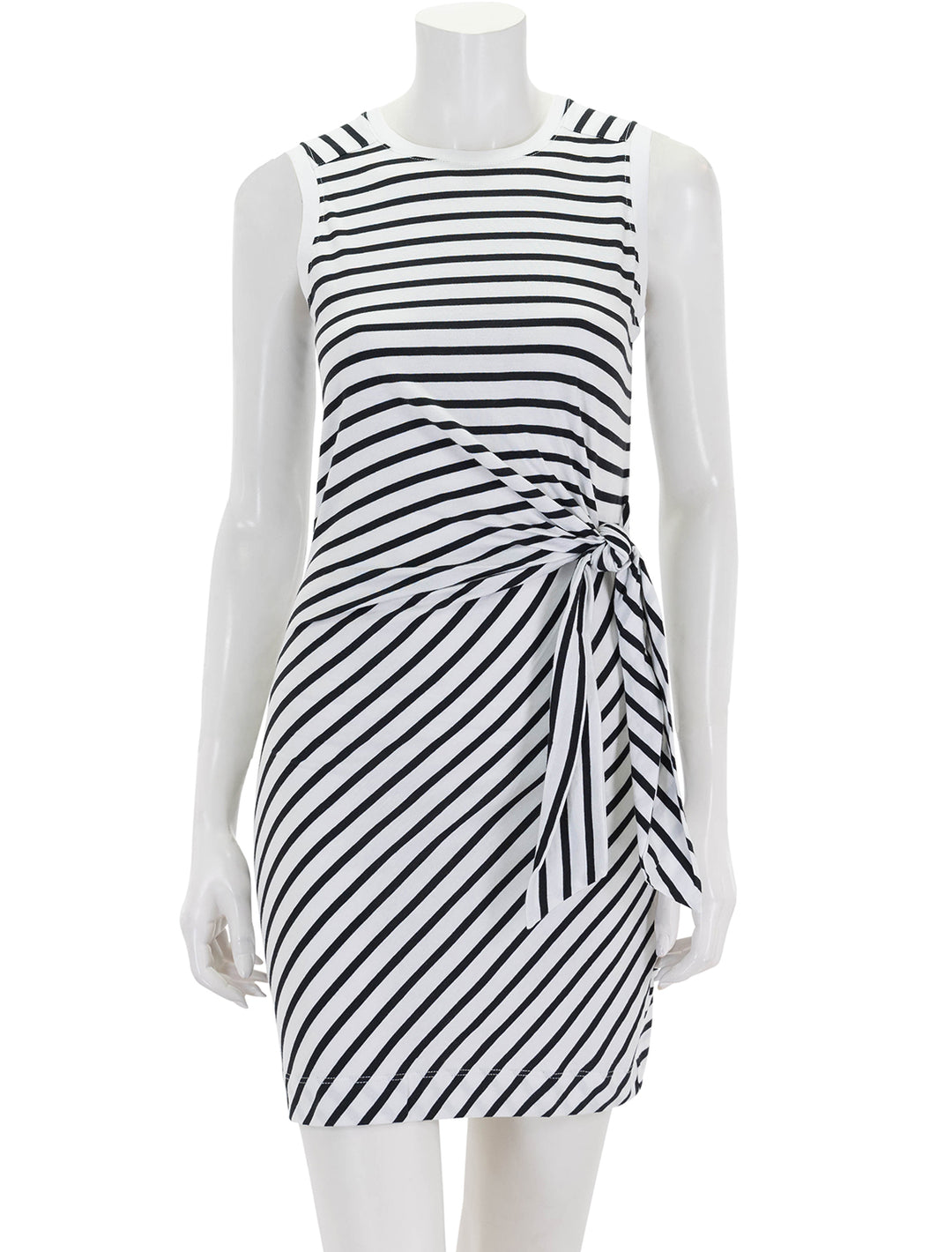 Front view of ATM's classic jersey stripe sleeveless twist dress.