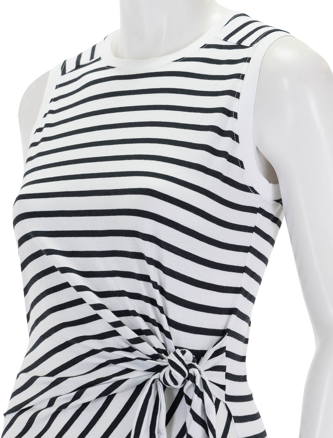 Close-up view of ATM's classic jersey stripe sleeveless twist dress.