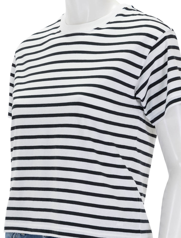 Close-up view of ATM's classic jersey short sleeve stripe boy tee in black and white.