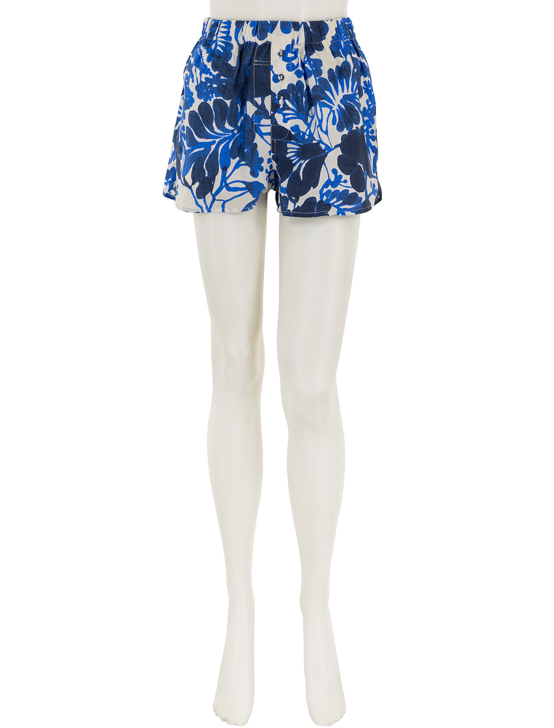 Front view of Cara Cara's brooks shorts in evening mill reef print.