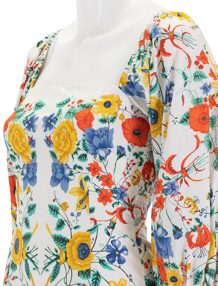 Close-up view of Cara Cara's montauk dress in flora scarf turtledove.