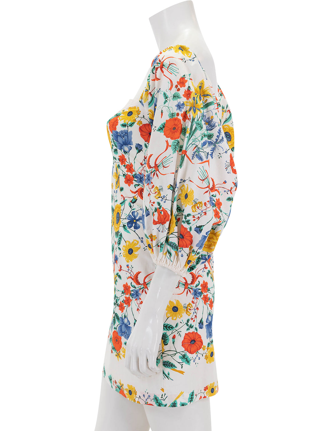 Side view of Cara Cara's montauk dress in flora scarf turtledove.