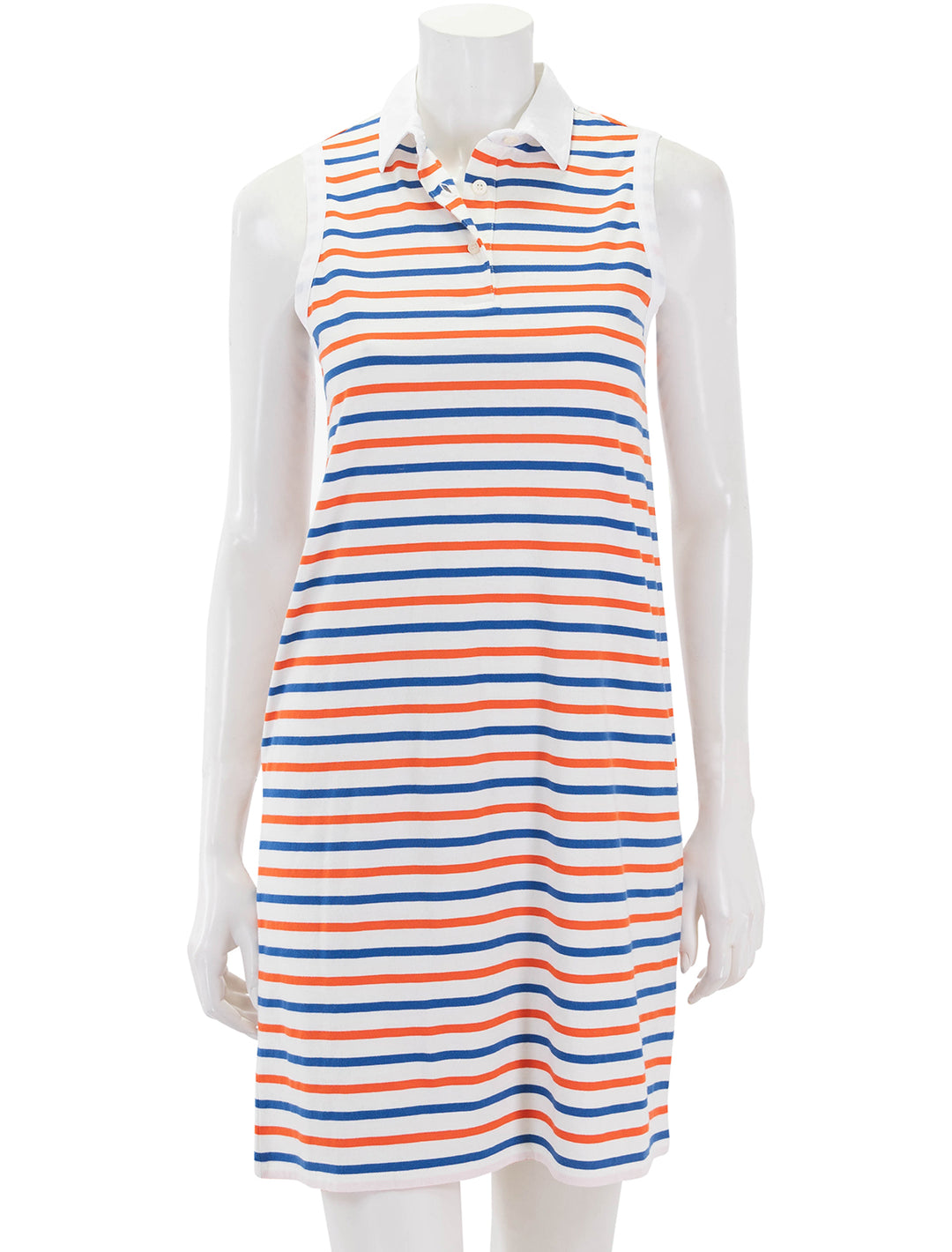 front view of sleeveless polo dress in white, blue and poppy stripe